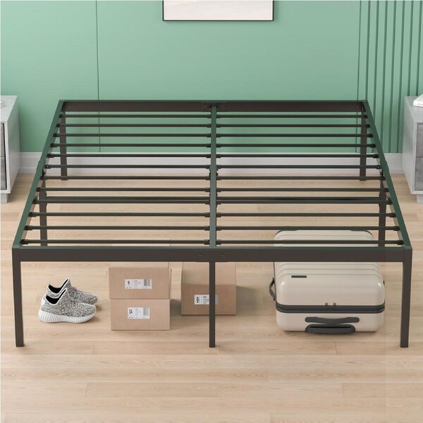 Advwin Queen Metal Bed Frame Upholstered Platform Foundation Mattress Base Support Black