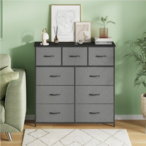 Advwin Chest of 9 Drawers Tallboy Clothes Storage Cabinet Fabric Tower Dresser Organizer Gray