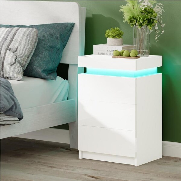 Advwin Bed Side Table LED RGB 3 Drawers Nightstand With Lift Up Storage Cabinet White
