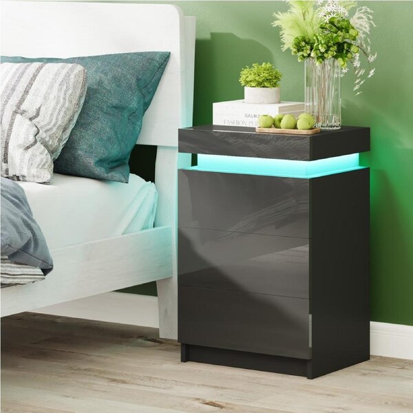 Advwin Bed Side Table LED RGB 3 Drawers Nightstand With Lift Up Storage Cabinet Black