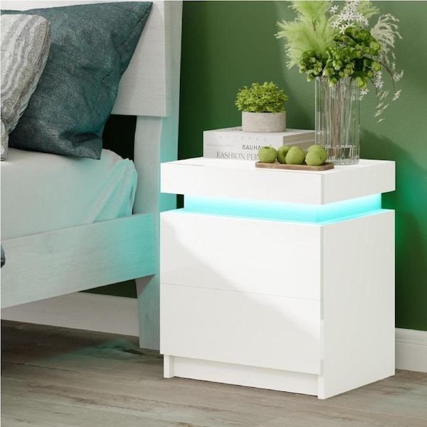 Advwin Bed Side Table LED RGB 2 Drawers Nightstand With Lift Up Storage Cabinet White