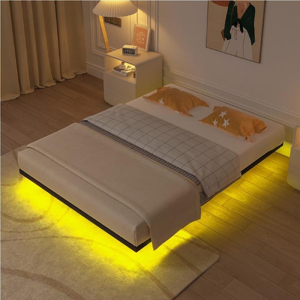 Advwin Floating Bed Frame Double Size with LED Lights Metal Platform Double Bed