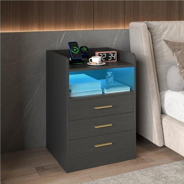 Advwin Bedside Table RGB LED Nightstand 3 Drawers with Charging Station and USB Port Black
