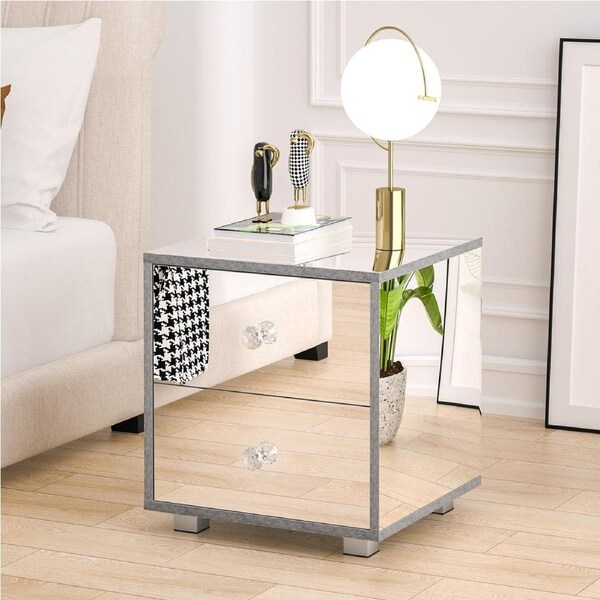 Advwin Mirrored Bedside Table Side Table 2 Drawers Storage Cabinet Nightstand