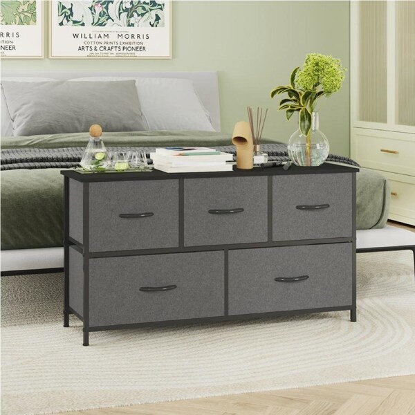 Advwin Chest of 5 Drawers Lowboy Clothes Storage Cabinet Fabric Tower Dresser Organizer Gray