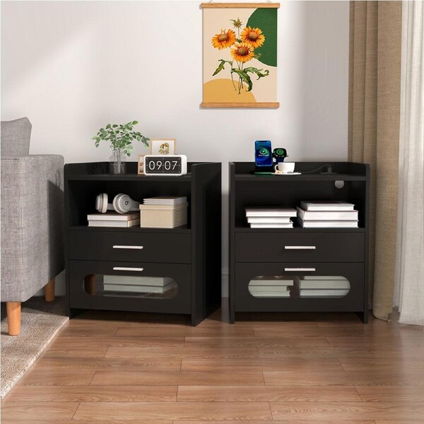 Advwin Set of 2 BedSide Table LED RGB 2 Drawers Nightstand With Charging Station and USB Port Black