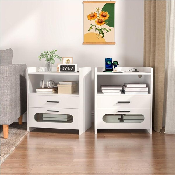 Advwin Set of 2 BedSide Table LED RGB 2 Drawers Nightstand With Charging Station and USB Port White