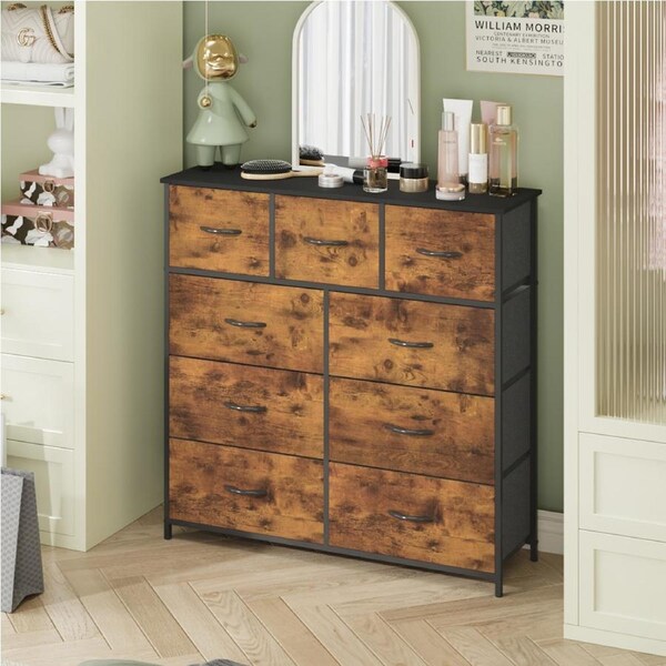 Advwin Chest of 9 Drawers Tallboy Clothes Storage Cabinet Fabric Tower Dresser Organizer Walnut Color