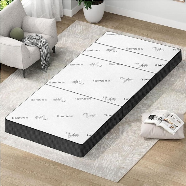 4-Fold STARRY EUCALYPT Folding Mattress Mesh Bamboo Fabric King Single 90x200cm