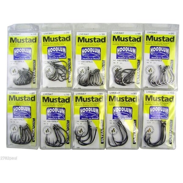 10PK Mustad Hoodlum Live Bait-Sizes 1/0-2/0-3/0-4/0-5/0-6/0-7/0-8/0-9/0-10/0