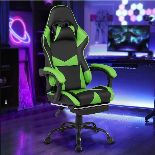 Advwin Gaming Chair Office Racing Recliner PU Leather Seat with Footrest Green & Black