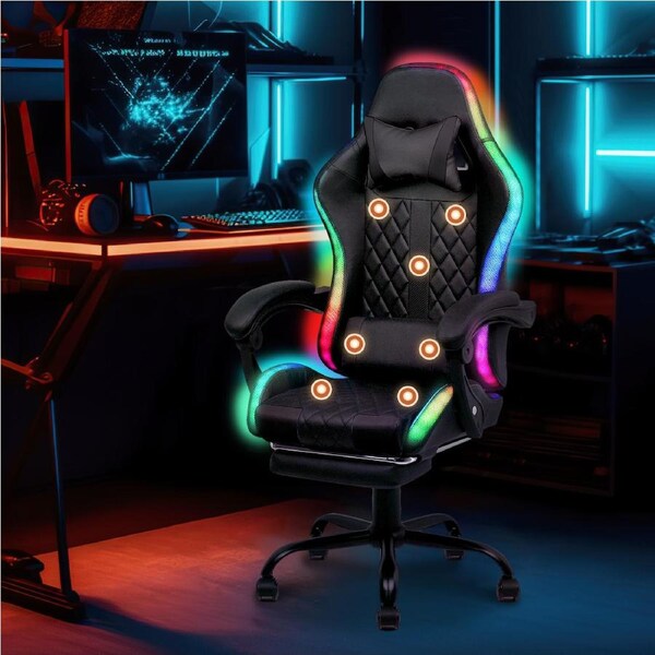 Advwin Gaming Chair RGB LED Massage Ergonomic Office Chair Computer Racing Recliner Seat Black