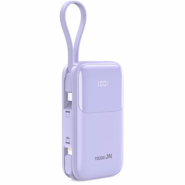Tough On 20W 10000mAh Power Bank with Built-In Lightning and USB-C Cables Purple