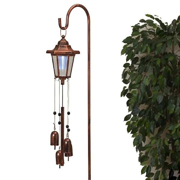 Solar Garden Lights Solar Power Copper-Colored Lantern on Shepherds Hook with Bells Wind Chime