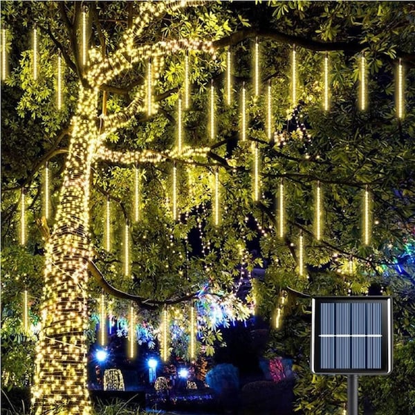 10 Tube 360 LEDs Solar Powered Lights Christmas Decoration Lamps Meteor Shower Rain Lights for Christmas Holiday Party Home Patio Party -Warm White