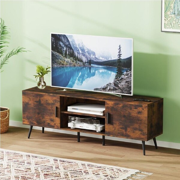Advwin TV Cabinet 140cm Wooden Entertainment Unit Stand Media Console Table Walnut