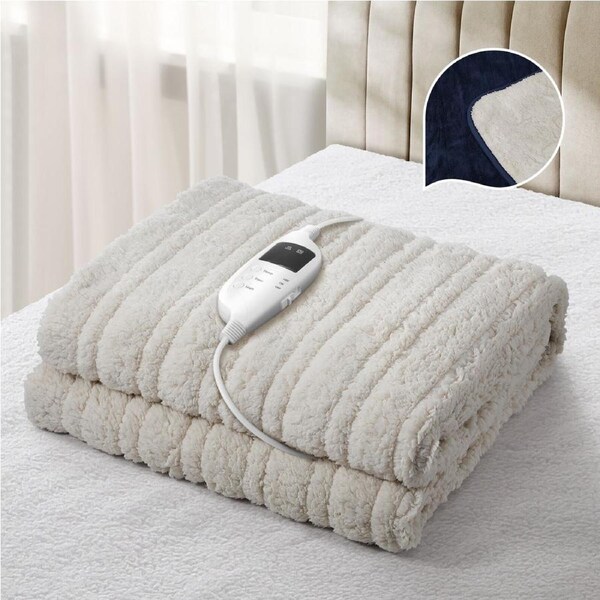 Bedra Electric Blanket Washable Throw Rug Heated Blanket Sherpa Coral Fleece Navy Beige