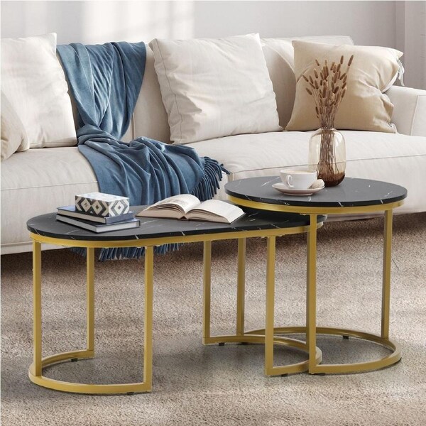 Oikiture Coffee Table Set of 2 Nesting Side End Tables Marble Effect Gold Black