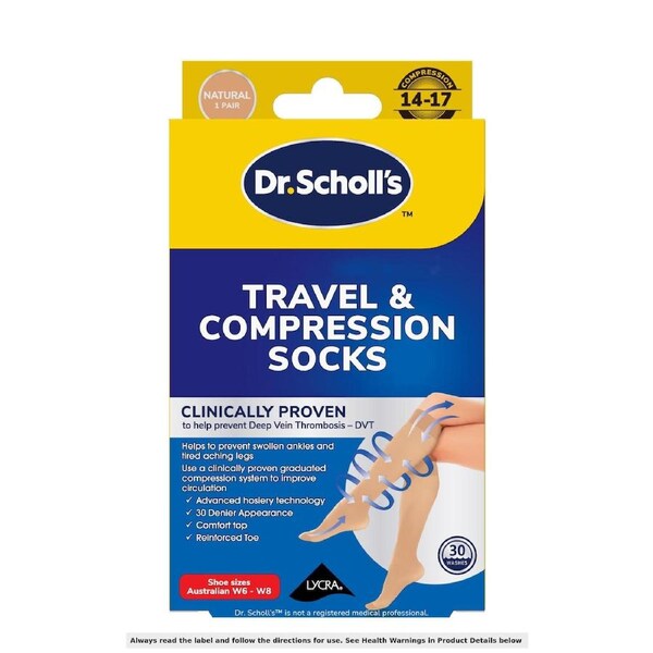 Scholl Travel & Compression Socks Natural Size AU W6-W8 -1 Pair