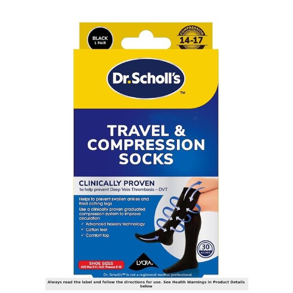 Scholl Travel & Compression Socks Black Unisex M6-M9/W8-W10 - 1 Pair