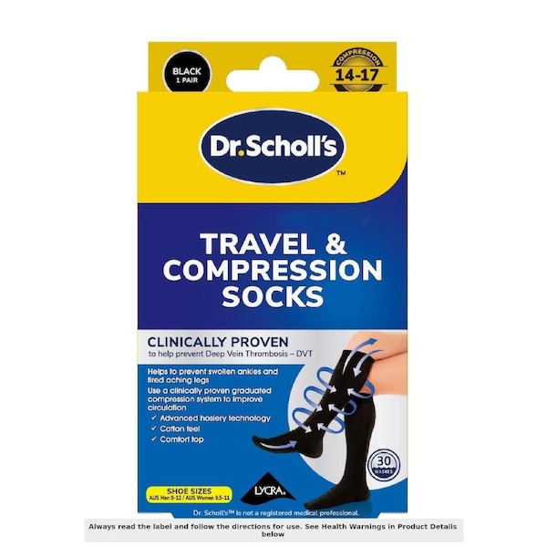 Scholl Travel & Compression Socks Black Unisex M9-M12/W9.5-W11 - 1 Pair