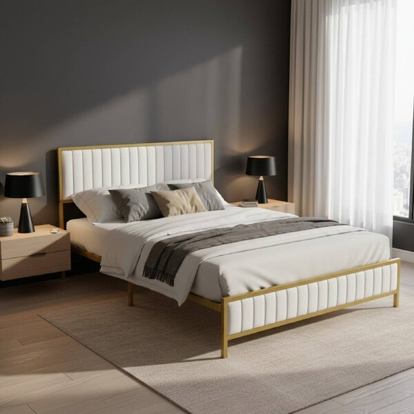 1 x Levede Bed Frame Double Metal with Soft Headboard, Storage & Modern White Finish