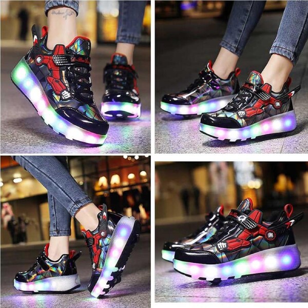 Nevenka Rechargeable LED Light Shoes Roller Skates for Kids-2166 Black Red 41