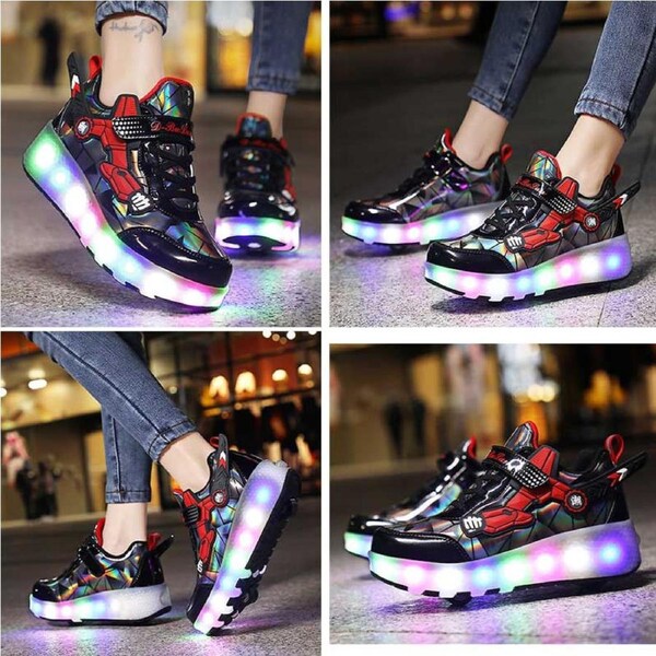 Nevenka Rechargeable LED Light Shoes Roller Skates for Kids-2166 Black Red 42
