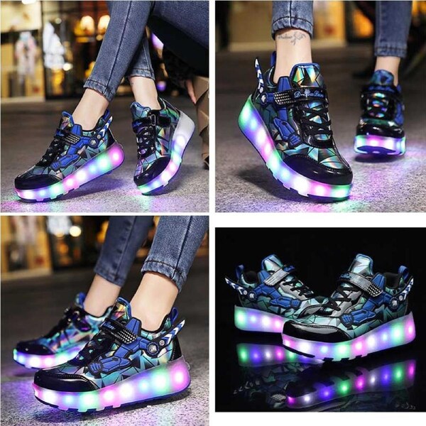 Nevenka Rechargeable LED Light Shoes Roller Skates for Kids-2166 Blue 27