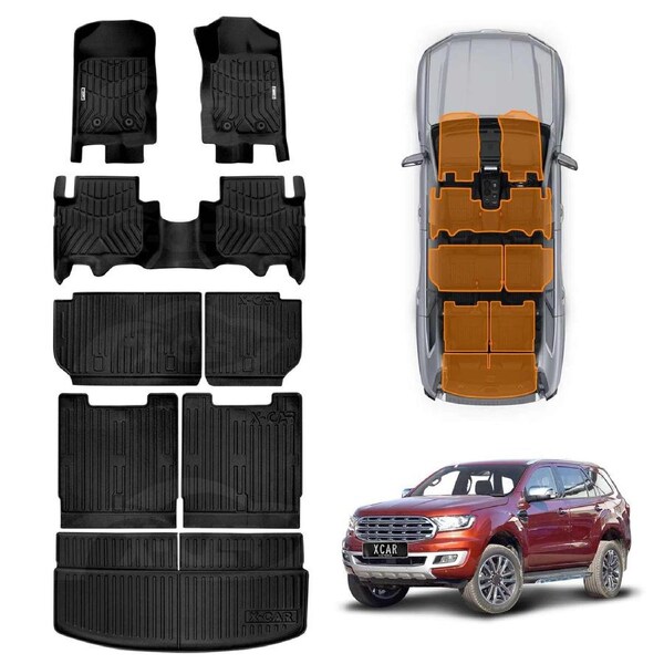 3D Floor Mats Boot Liners Set for Ford Everest SUV 2015-2022 All Weather Heavy Duty Cargo Kick Mats Back Seat Protector Cover