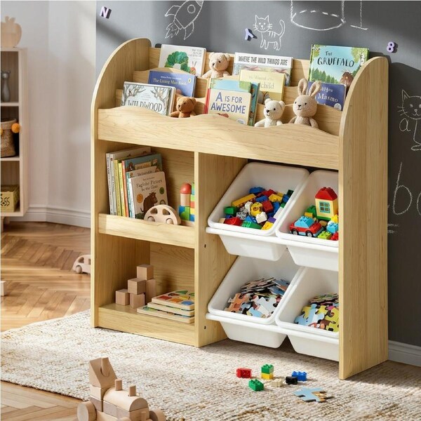 Oikiture Kids Bookshelf Children Bookcase Toy Storage Box Display Shelf 4 Bins