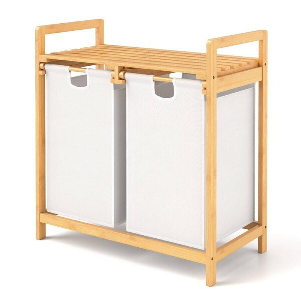 Giantex Laundry Baskets Bamboo Laundry Hamper w/2 Sliding Washing Clothes Bags White