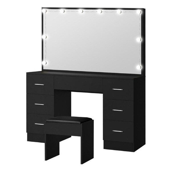 Oikiture Dressing Table Large Makeup Mirror Vanity Desk 10 LED Bulbs Black