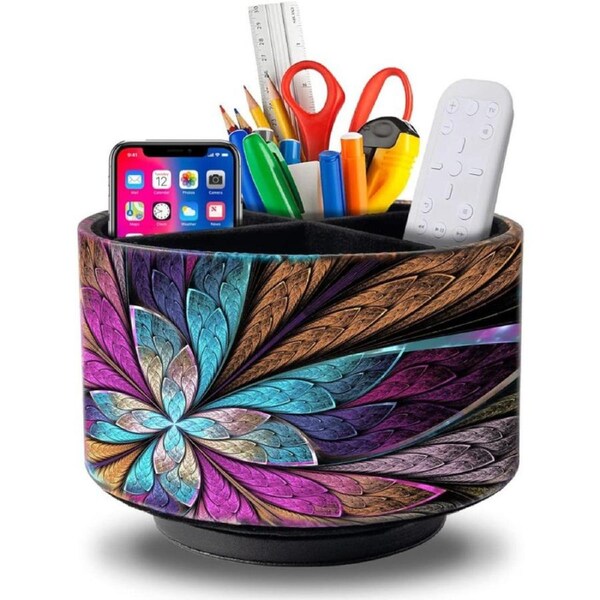 Remote Control Holder Round Leather Art Supply Organizer, PU Leather Pencil Stationery Desk Storage Makeup Organizer for Heater Controllers TV Remotes, 4 Compartments, 360 Degree Spinning