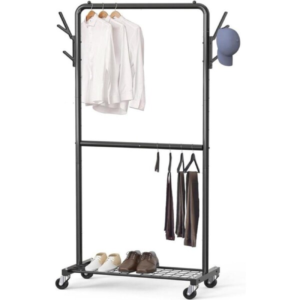 SimpleHouseware Double Rod Clothes Rack With Wheels, Hooks and Wired Shelf, Black
