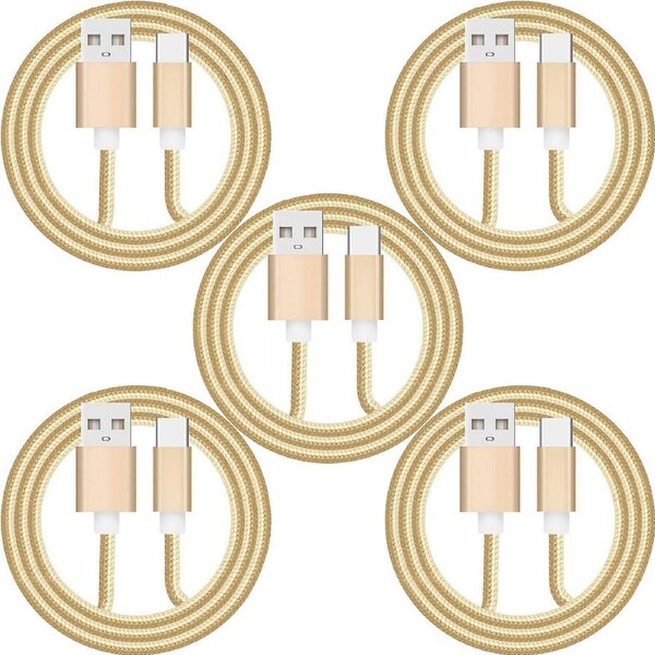 5 Pack 1m Data Transfer Charger Charging USB Type C Phone Tablet Cable Cord Bulk Braided Gold Nylon