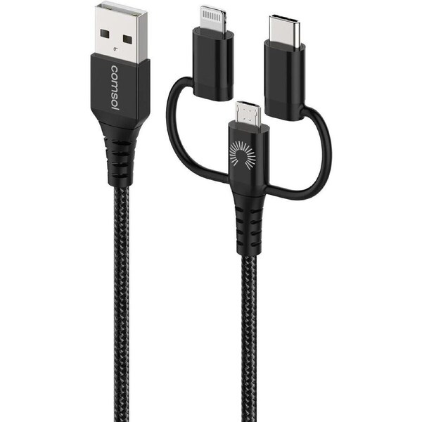 Comsol Cable 1.2m 3-in-1 USB-A to Lightning, USB-C, Micro USB Black AUCPMBK