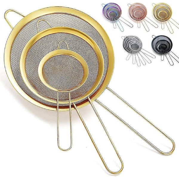 JOYBUY Gold Fine Mesh Strainer 3 Pieces Set, Golden Flour Sifter For Baking, Stainless Steel Clander, Matcha Tea Strainer, Gravy Separator, Stasher Sieve Pas