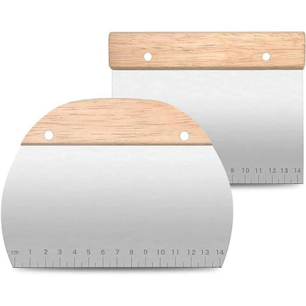 JOYBUY 2 pieces stainless steel baking dough scraper, pizza dough spatula, cake scraper with wooden handle