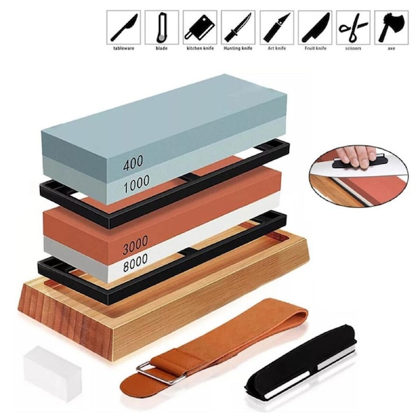 OZNALA Whetstone Knife Sharpening Stone Water Wet Stone Set 400/1000/3000/8000 Grit Non-Slip Bamboo Base & Angle Guide