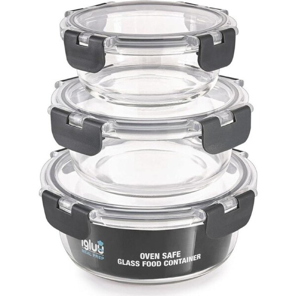 Igluu Meal Prep - Set of 3 Stackable Glass Round Containers - Lunch Box for Food Storage, Freezer, Microwave & Oven - Dishwasher-Safe, BPA-Free - Airtight SnapLock Lids (Different Sizes)