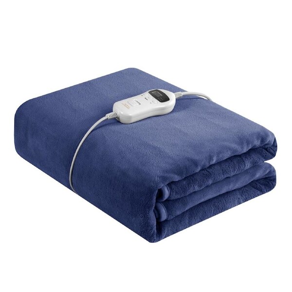Royal Comfort Thermolux Heated Electric Fleece Throw Plush Adjustable Warmth Navy