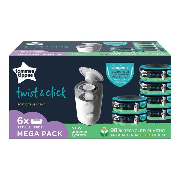 Tommee Tippee Twist & Click Sangenic Refill Cassette 6-Pack GreenFilm