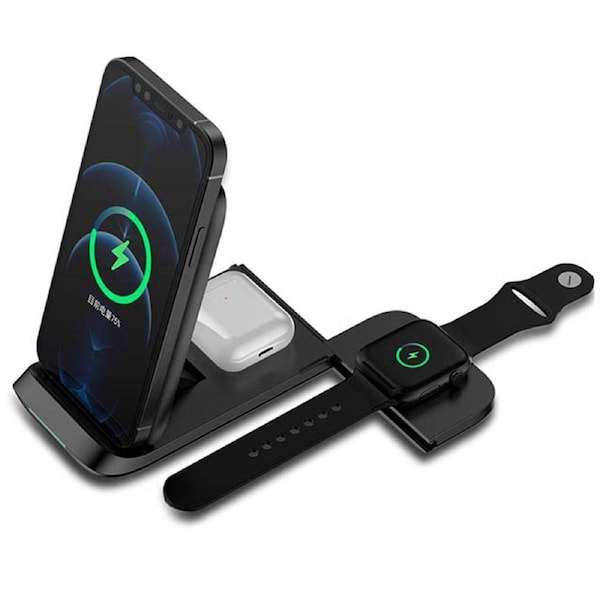 Three-in-one folding and push-pull fast wireless charger station-Black