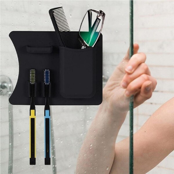 Frafuo Wall Mount Toothbrush Holder - Waterproof Silicone Bathroom Organizer with Jewelry Shelf, 18.3x14.5cm, Black