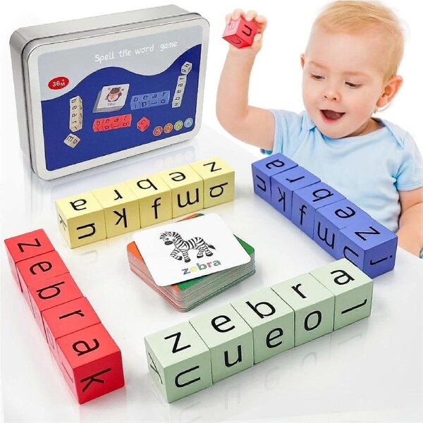 Wooden Blocks Spelling Game,Wooden Big Alphabet Blocks Educational Learning Toys with Cubes and Sight Word Flash Cards, Preschool Kindergarten Letter