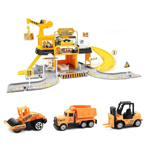 Garage Toy Set Car Vehicle Building Parking Lot Race Tracks for Boys with Light Sound 3pcs Alloy Car