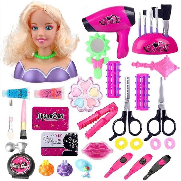 35 Pcs Toy Children Makeup Pretend Playset Styling Head Doll Hairstyle Beauty Game With Hair Dryer Gift