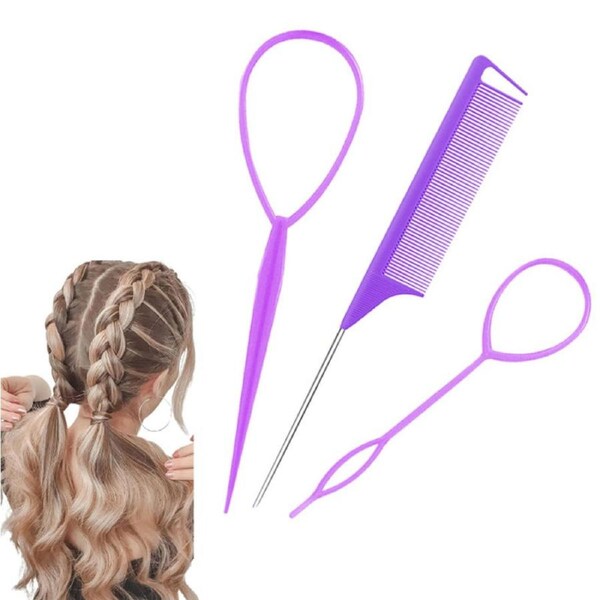 Nevenka 2 Pcs French Braid Loop + 1 Pcs Rat Tail Comb for Hair Styling-Purple