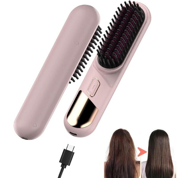 Nevenka Cordless Hair Straightener Brush Negative Ion with 4 Temp Settings-Pink